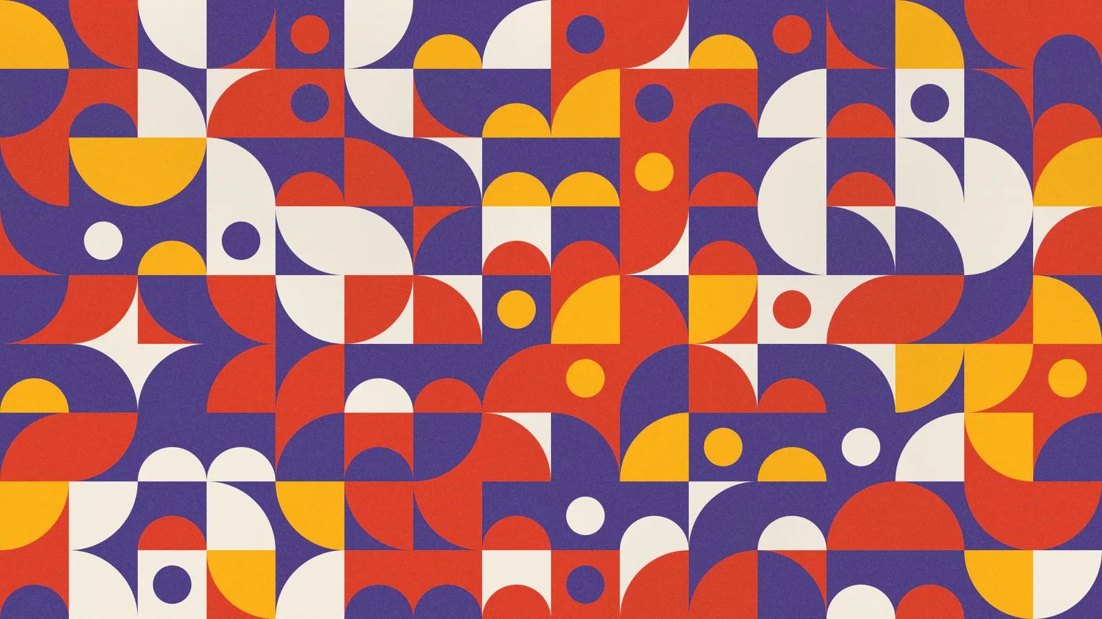 Bauhaus-style grid of quarter and half circles in Violet, Red Orange, Orange Yellow and paper.
