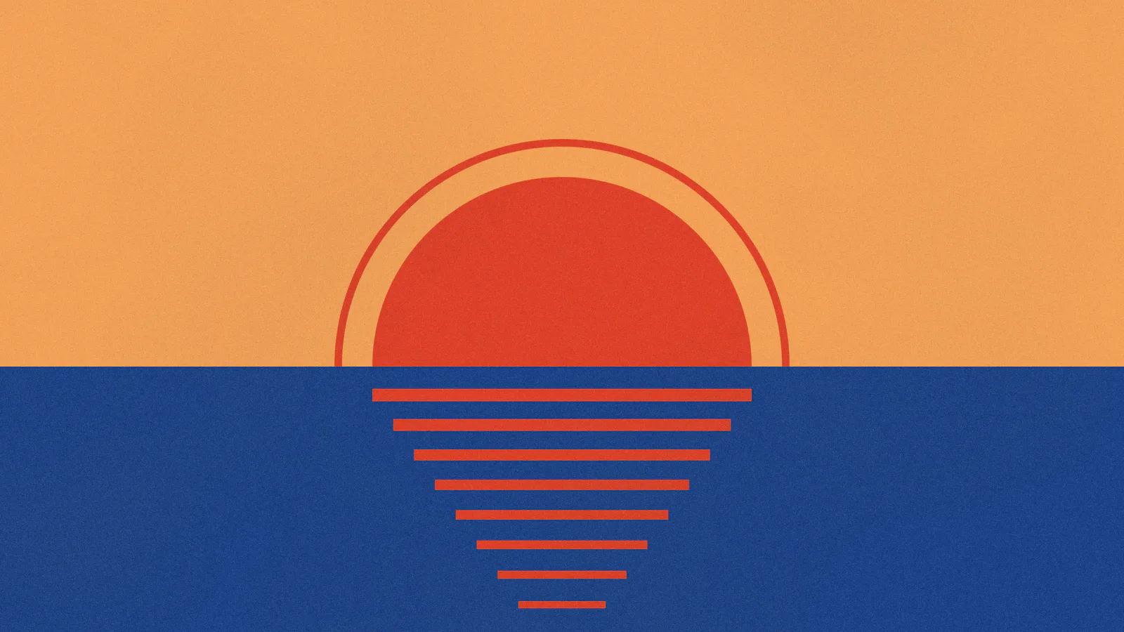 A Red Orange sun sinking into a Deep Lyons Blue sea under a Golden Yellow sky, its reflection broken into bars.