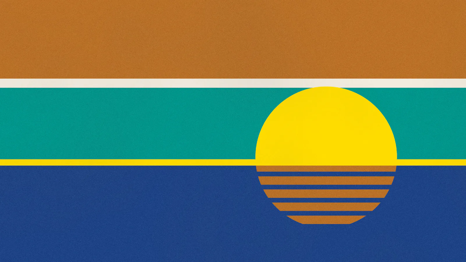 Bands of Raw Sienna, Benzol Green and Deep Lyons Blue, with the sun in Apricot Yellow setting and reflected in stripes.