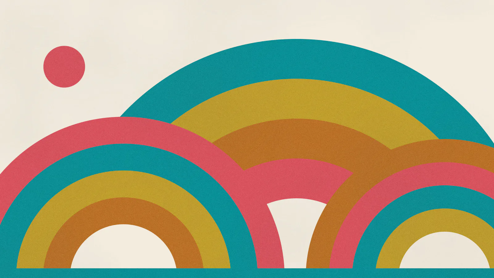 Three rainbow arches in Green Blue, Sulphine Yellow, Raw Sienna and Eugenia Red B rising from the foot of a paper ground.
