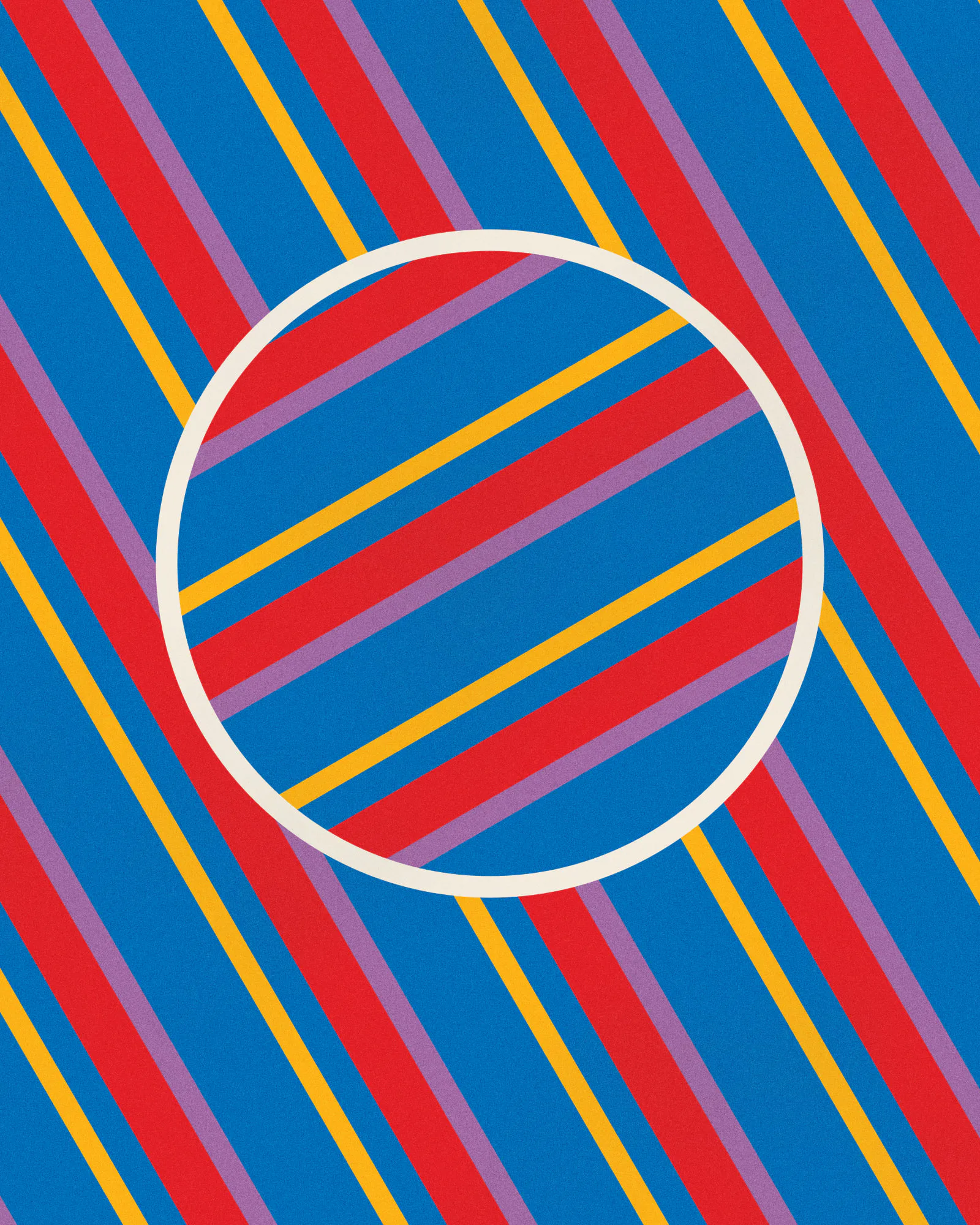 Diagonal stripes of Blue, Orange Yellow, Spectrum Red and Aconite Violet that turn inside a paper-ringed circle.