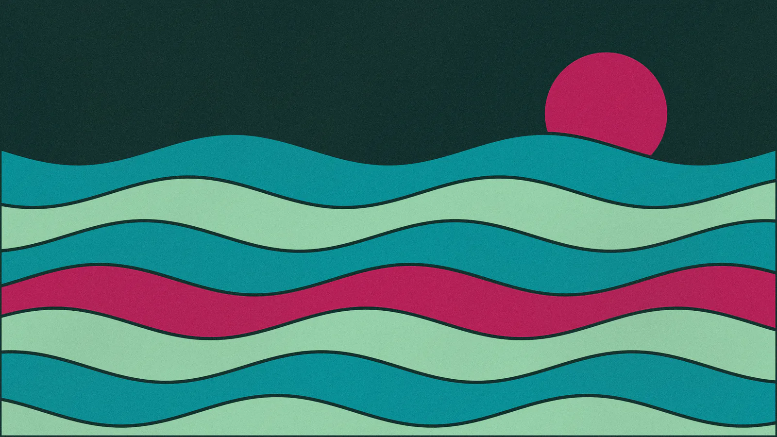 Rolling waves of Green Blue, Cobalt Green and Pomegranite Purple under a Pomegranite Purple sun on a Deep Slate Green night.