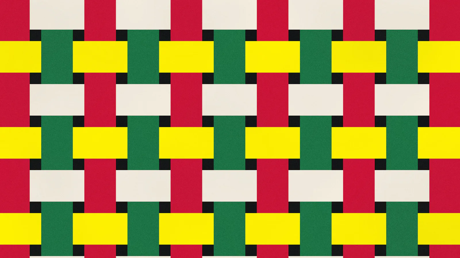 A plain weave of Carmine and Diamine Green strips crossing paper and Yellow strips on Black.