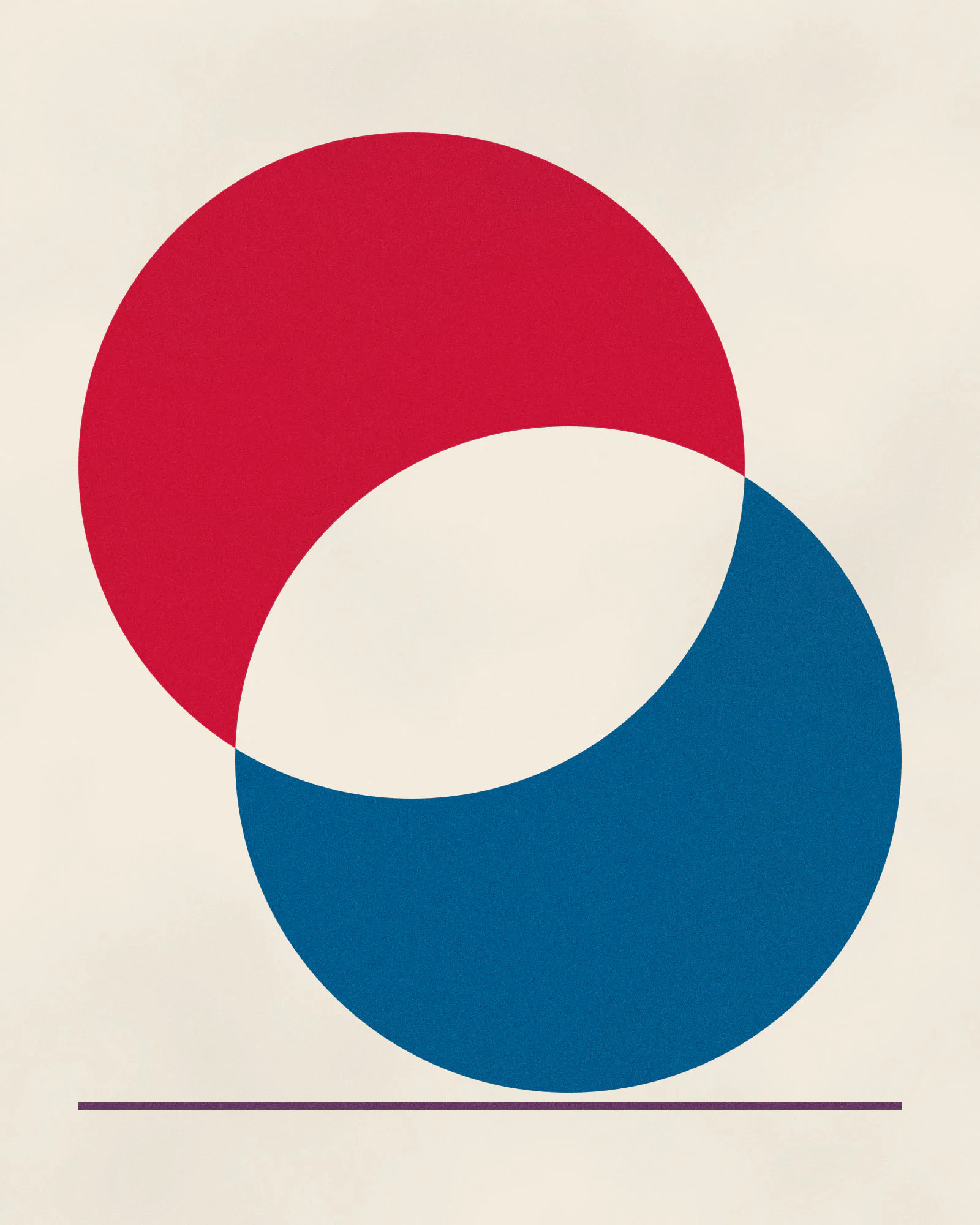 Two overlapping discs, Carmine above and Helvetia Blue below, meeting in a lens of bare paper.